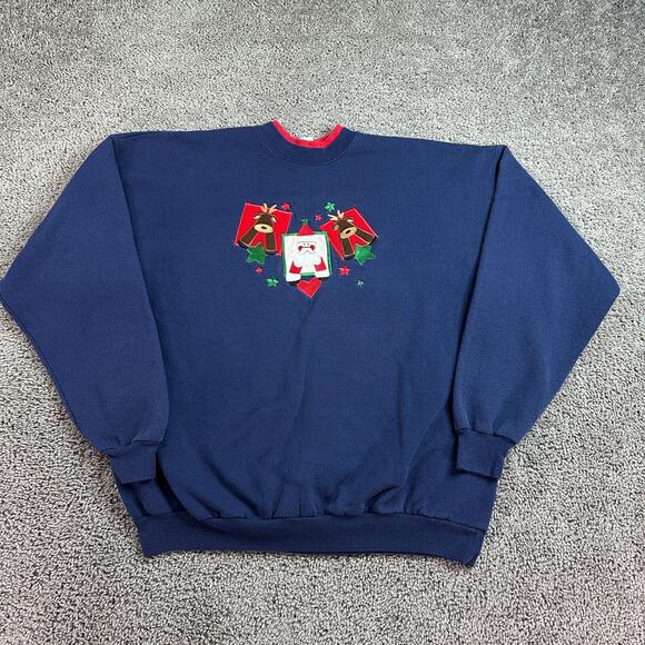 VINTAGE Christmas Sweatshirt Womens 1X Blue Santa Claus Reindeer Pullover 90s - Picture 1 of 10